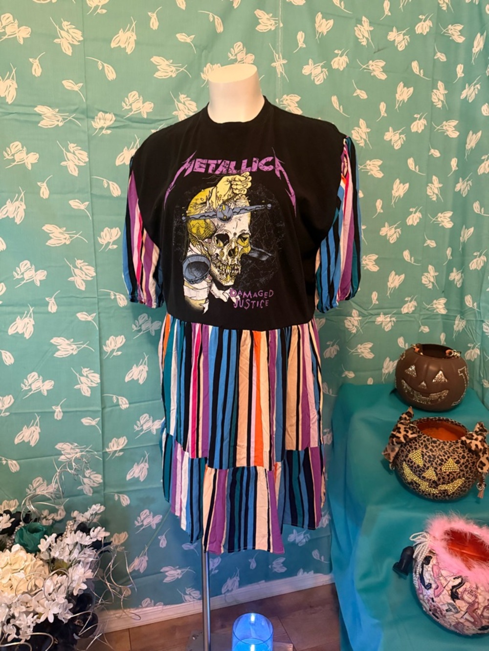 Metallica Graphic Dress with Multicolor Stripes